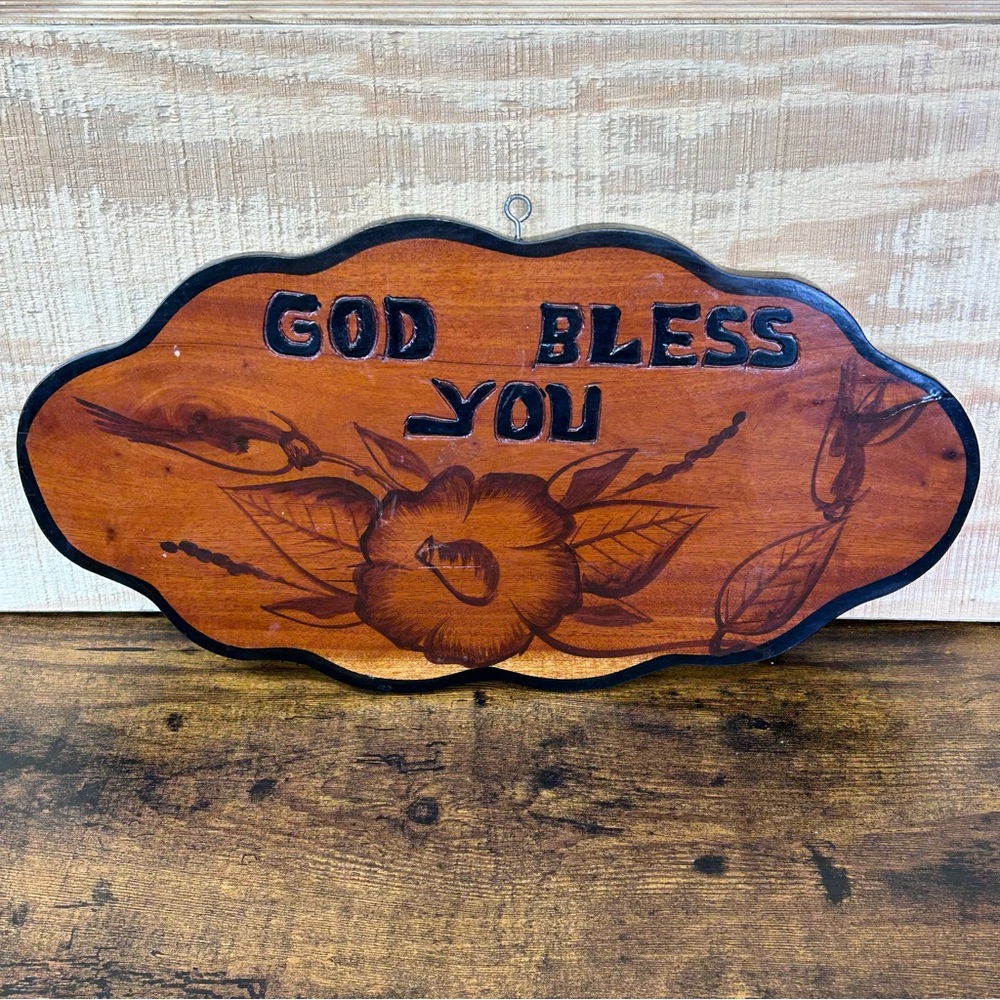 Vintage one of a kind handmade Rustic Wall Plaque - God Bless You folk art sign